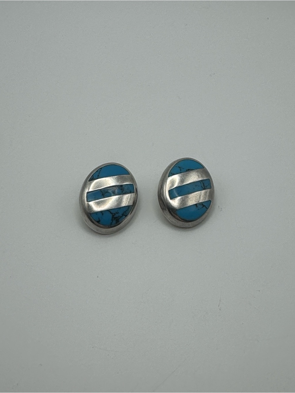 Vintage Mexican Sterling Silver Turquoise Inlaid Stripes Oval Clip On Earrings
